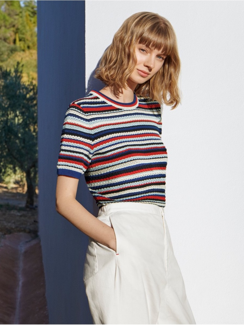 Uniqlo Ines de la Fressange Striped Short-Sleeve Knit Top - Navy, White & Red